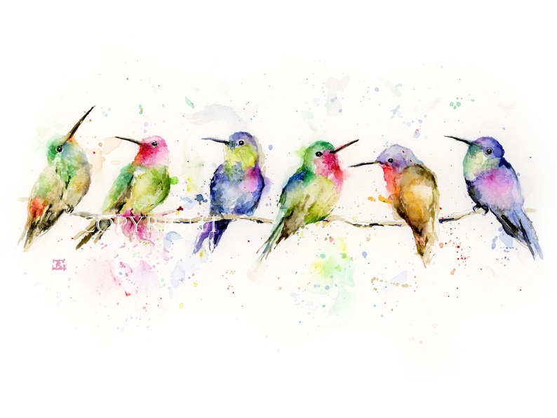 Hummingbirds In A Tree Branch Watercolor Art Print Colorful Etsy