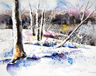 Winter landscape original watercolor painting, Colorful Landscape painting, Winter art, Gift painting, Original watercolor, Home Decor