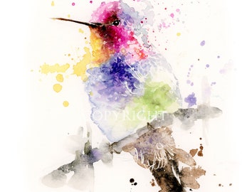 HUMMINGBIRD Watercolor Print, Bird Painting, Giclee Art Print, Contemporary Art, Home Decor, Boba painting, from Original Watercolor