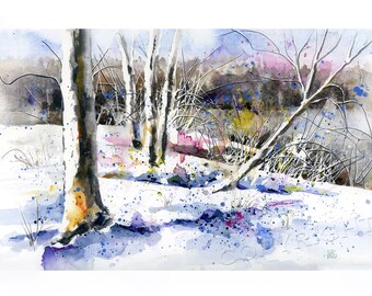 WINTER LANDSCAPE Watercolor Print, Winter Art, Colorful Tree Painting, from Original Watercolor, Boba Painting, Wall Art, Home Decor, Tree