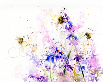 Gravure à l’aquarelle florale de lavande et de bourdons, Wildflowers Painting by BobaJ Painting