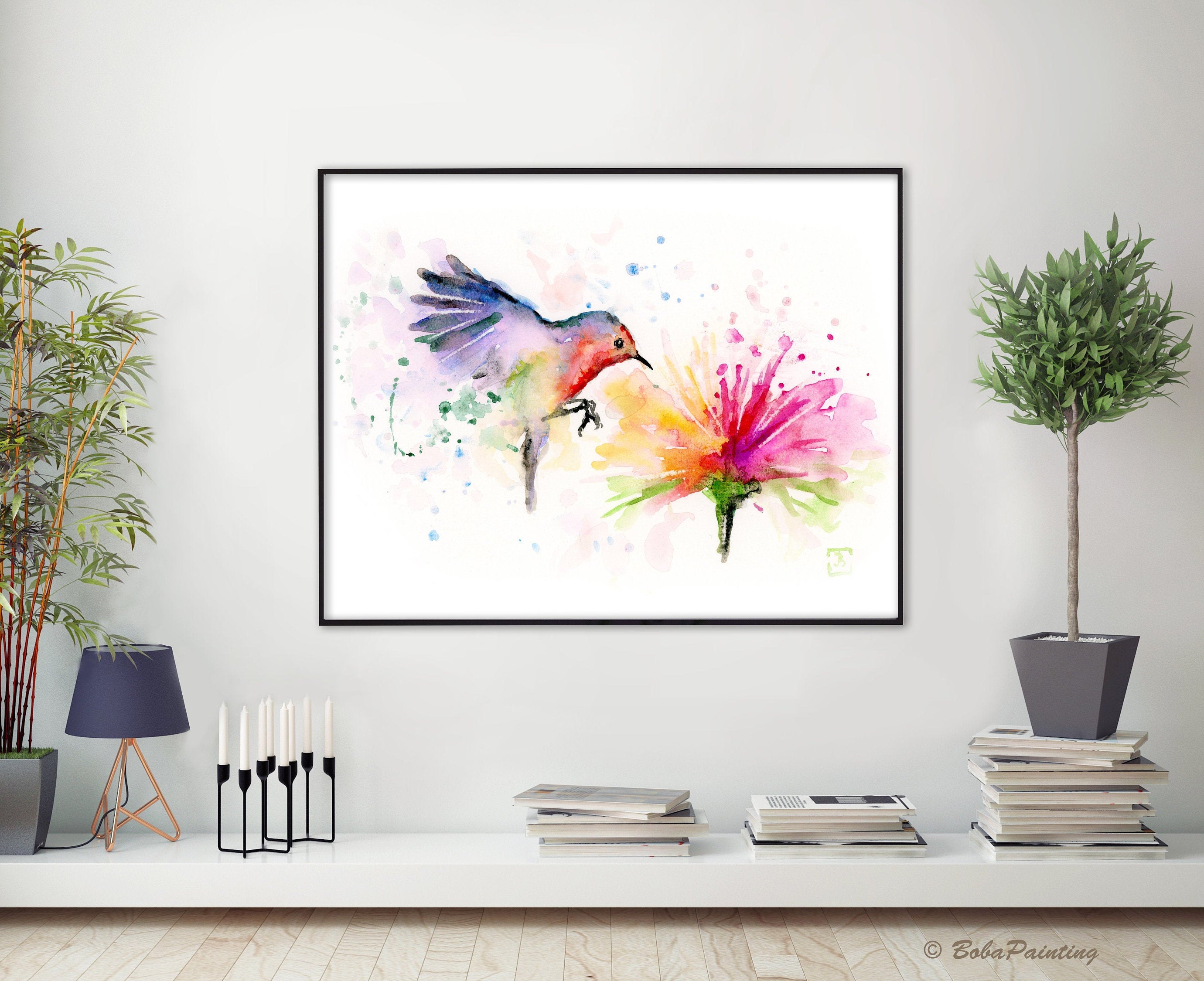COLORFUL HUMMINGBIRD and Flower Print Watercolor Birds - Etsy