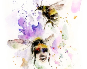 Bumble Bees Aquarelle, Peinture d’abeille, Art d’abeilles, Décoration de fleurs, Aquarelle, Peinture de BobaJ, Décor à la maison, Art de mur, art de cadeau, insecte