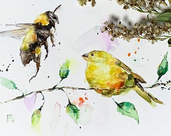 Aquarelle d’oiseau jaune et de bourdon par BobaJ Painting