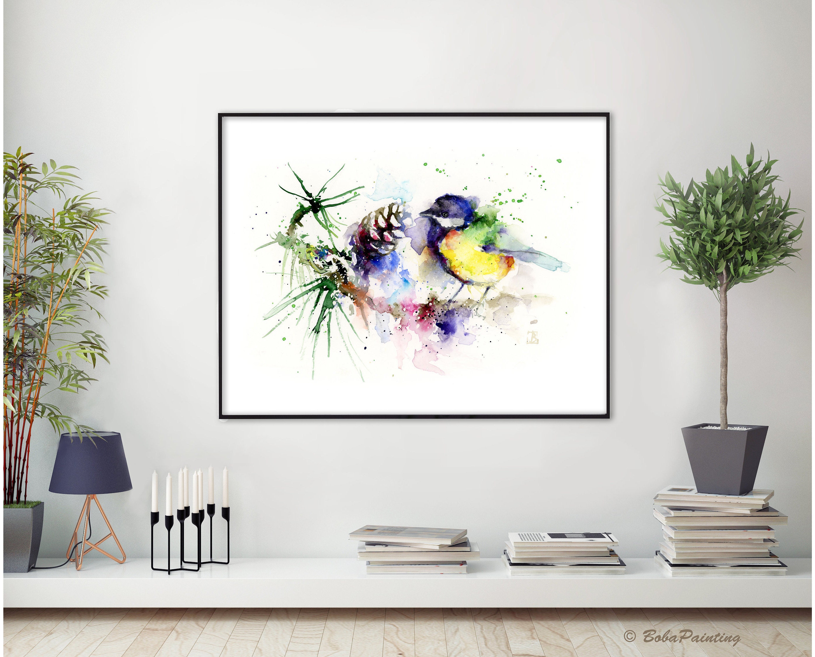 YELLOW BLUE TIT and Pine Cone Watercolor Print Small Birds | Etsy