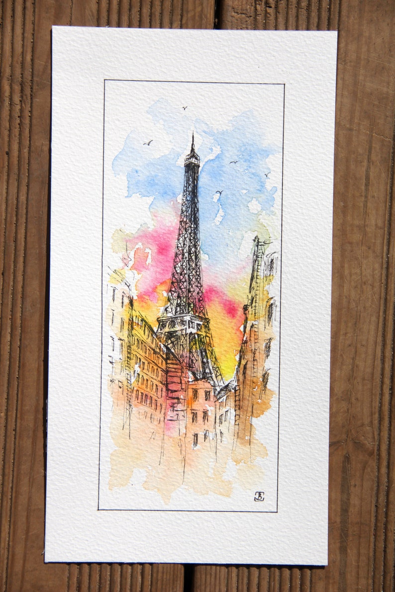 Peinture originale d'aquarelle de tour Eiffel, peinture de Paris, Peintures de monuments, Art original, peinture de Boba image 2