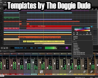 May include: A computer screen displaying a music production software interface. The screen shows a colorful arrangement of audio tracks, with the text "Templates by The Doggie Dude" at the top. A cartoon dog logo is in the bottom left corner.