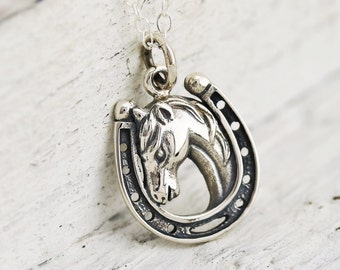 Horse Necklace - Sterling Silver Lucky Horse in Horseshoe Necklace - Equestrian Necklace  Rodeo Necklace Barrel Racer Charm  Lucky Horseshoe