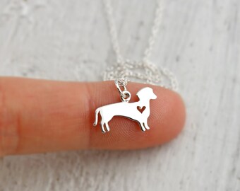 Dachshund Necklace -Sterling Silver Dachshund Charm Necklace with Heart Cut Out Wiener Dog Necklace Dachshund Gift Dog Necklace Dog Jewelry