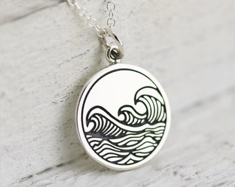 Waves Necklace - Sterling Silver Etched Ocean Waves Necklace - Waves Pendant - Beach Jewelry - Surfing Necklace - Water Necklace - Resort