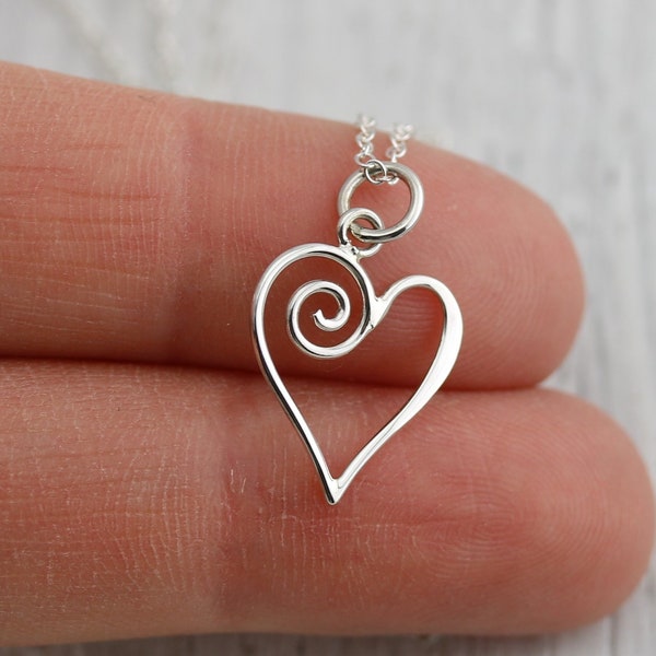 Sterling Silver Heart Necklace With Swirl, Romantic Gift for Girlfriend Anniversary Present for Wife Heart Charm Necklace Open Heart Pendant