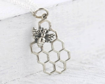 Tiny Silver Honey Bee Necklace with Honeycomb Necklace, Bumblebee Charm Jewelry for Bee Keeper Gift,  Honey Bee Lover Jewelry, Save the Bees