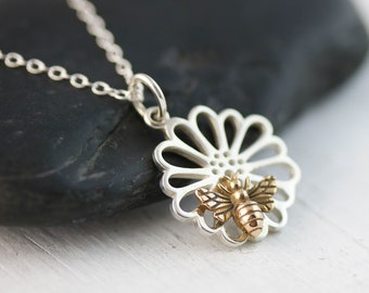 Bee Necklace, Sterling Silver Daisy with Gold Tiny Bumble Bee on Blossom, Mixed Metal Pendant, Bee Keeper Gift for Flower Girl, Honey Bee