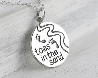 Sterling Silver Toes in the Sand Necklace, Tropical Retirement, Gifts for Women Going Away, Drink in my Hand, Beach Girl Jewelry Pendant