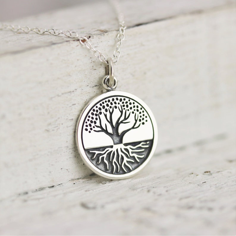 Tree Necklace Sterling Silver Etched Tree With Roots Charm Etsy