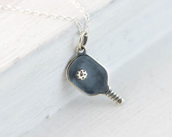 Dainty Pickleball Necklace, Sterling Silver Pickle Ball Paddle and Ball Necklace Gift for Pickleball Partner, Ladies Pickleball Jewelry