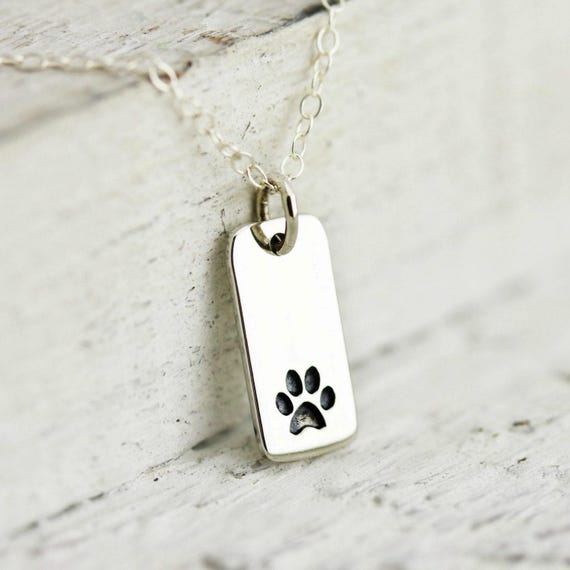 Paw Print Necklace Sterling Silver Paw Print Tag Necklace Pet