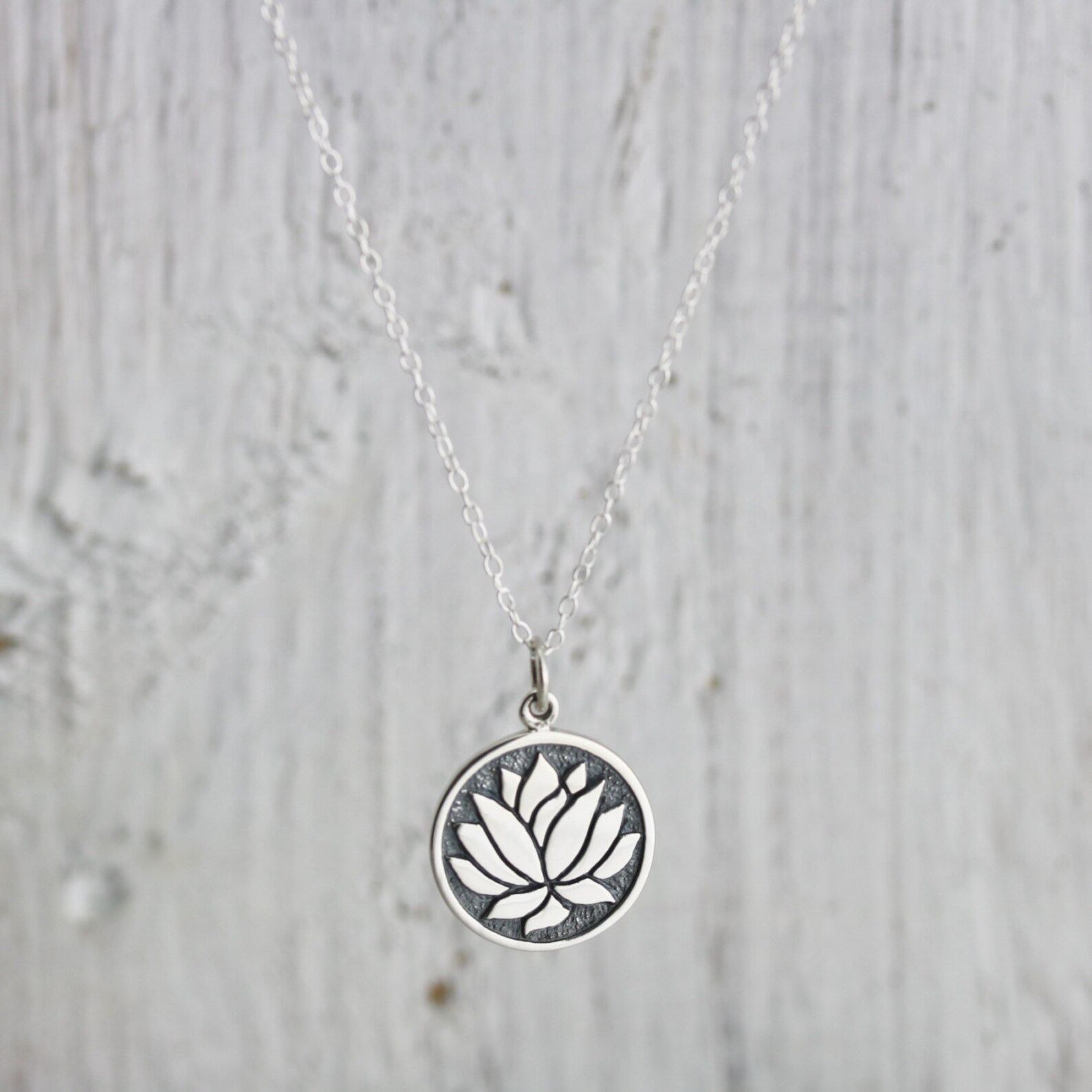 Lotus Necklace Sterling Silver Etched Lotus Flower Necklace Etsy