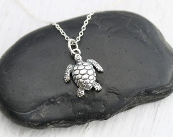 Sea Turtle Necklace, Sterling Silver Turtle Pendant, Sea Turtle Charm, Honu Ocean Turtle, Tortoise Necklace, Gift for Turtle Lover Gift