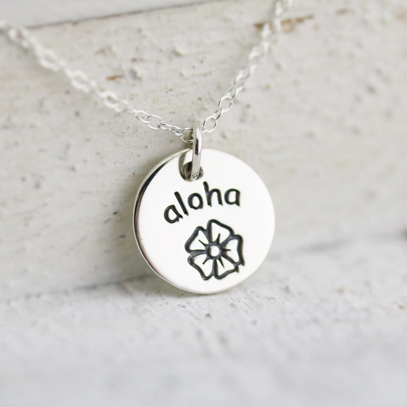 Sterling Silver Aloha Charm Necklace, Hibiscus Flower Pendant, Ladies Beachy Jewelry, Hawaiian Island Word Charm, Tropical Vacation Souvenir image 2