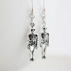 3D Sterling Silver Skeleton Earrings, Gothic Bones Jewelry for Halloween, Spooky Skeleton Charm Gift, Goth Style Statement Wire Earrings