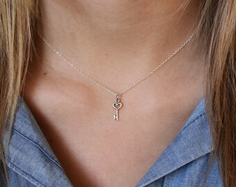 Tiny Key Necklace - Tiny Sterling Silver Heart Key Necklace - Key Charm - Little Key Necklace - Tiny Heart Key Pendant - Sterling Key Charm