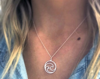 Ocean Necklace, Sterling Silver Circle Wave Necklace, Ocean Jewelry, Beach Jewelry for Surfer Necklace, Surf Jewelry, Beach Necklace Women