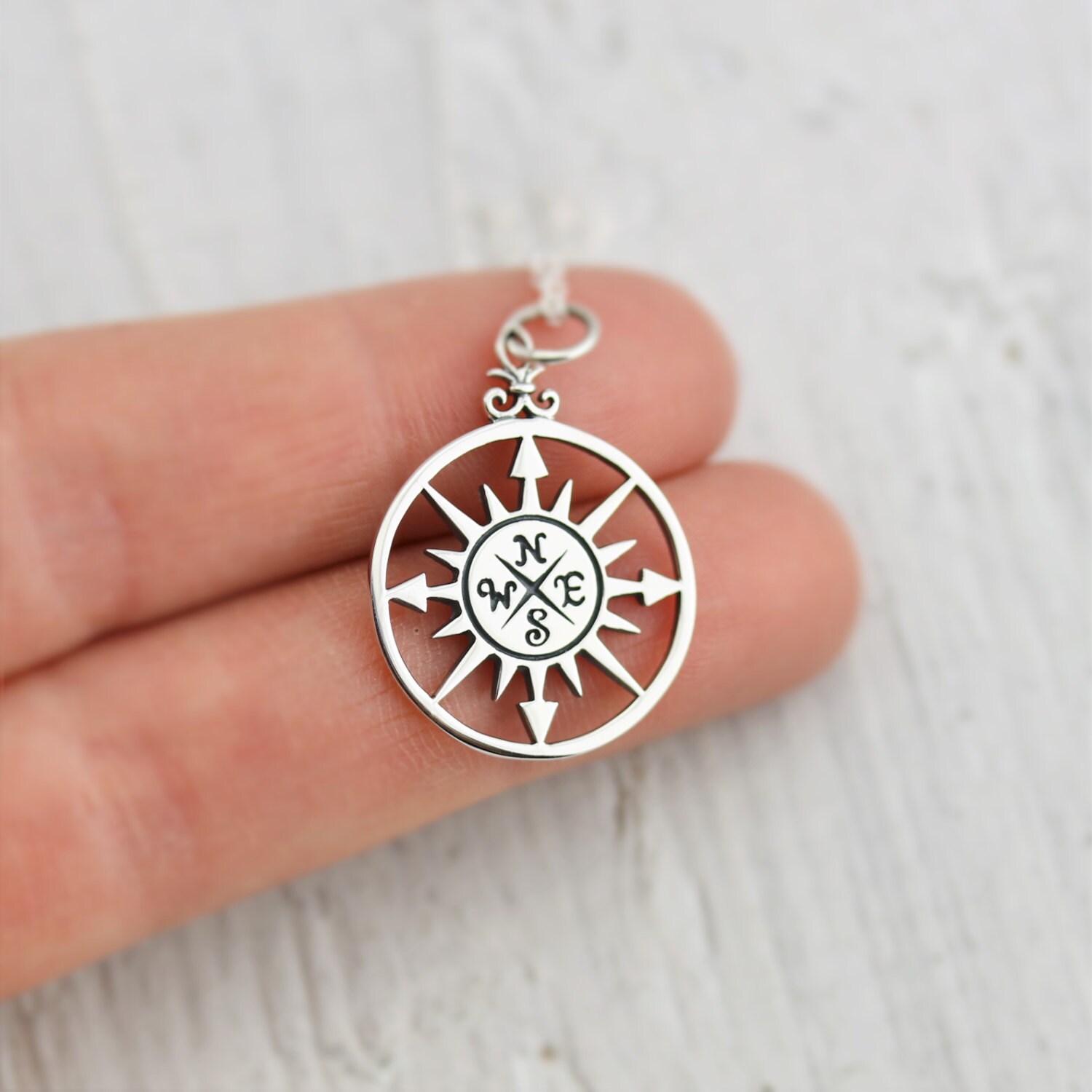 Compass Necklace Sterling Silver Compass Rose Necklace Etsy