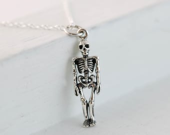 3D Skeleton Necklace Sterling Silver, Halloween Bones Pendant Necklace, Gothic Jewelry, Spooky Halloween Gift, Skeleton Charm, Goth Jewelry