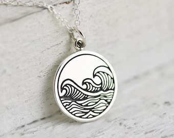 Waves Necklace - Sterling Silver Etched Ocean Waves Necklace - Waves Pendant - Beach Jewelry - Surfing Necklace - Water Necklace - Resort