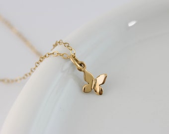 Tiny Butterfly Necklace Gold, Dainty Butterfly Pendant with Cupped Wings, Butterfly Jewelry Gift for Flower Girl or Tween Gift for Her