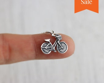 SALE Bicycle Necklace, Sterling Silver Bicycle Charm Pendant, Bicycle with Basket Girl Bike, Cyclist Jewelry Vintage Bicycle Necklace