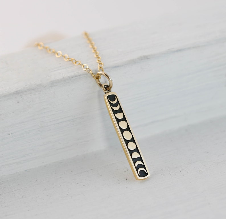 Gold Moon Phase Necklace, Phases of the Moon Celestial Jewelry, Dainty Gold Moon Pendant, Moon Cycle on Bar Charm for Layering Necklace image 2