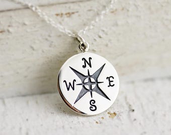 Compass Necklace - Large Sterling Silver Compass Necklace - Compass Pendant - Graduation Jewelry - Travel Necklace - Graduation Gift