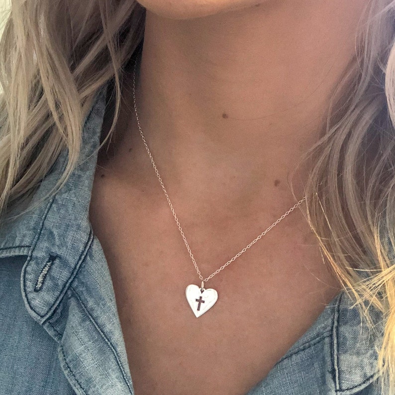 Sterling Silver Heart Necklace with Cross Pendant, Christian Gifts for Women, Religious Jewelry for First Communion Gift Girl, Faith Pendant 