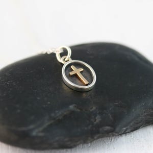 Small Cross Necklace, Christian Jewelry Mixed Metal Cross Shadow Box Pendant in Silver and Gold, Dainty Christian Necklaces for Women Gift