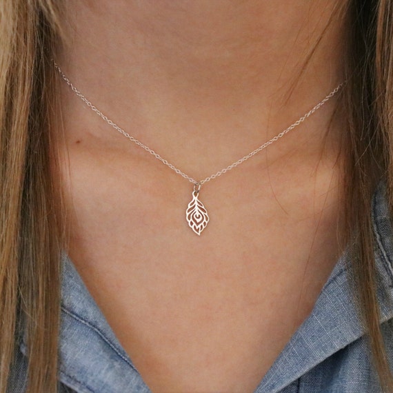 Tiny Peacock Feather Necklace Sterling Silver Tiny Peacock Feather