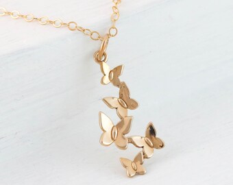 Gold Butterfly Necklace with Butterflies in Flight Pendant, Memorial Jewelry for Loss of Loved One, Garden Gift, Flying Butterflies Pendant