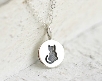 Cat Necklace - Tiny Sterling Silver Etched Kitty Necklace - Cat Lovers Jewelry - Kitty Lovers Necklace  Small Sitting Cat Charm Pet Necklace