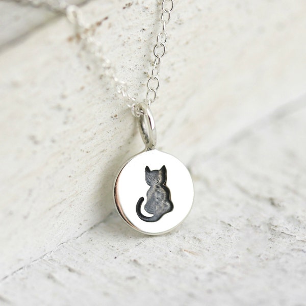 Cat Necklace - Tiny Sterling Silver Etched Kitty Necklace - Cat Lovers Jewelry - Kitty Lovers Necklace  Small Sitting Cat Charm Pet Necklace