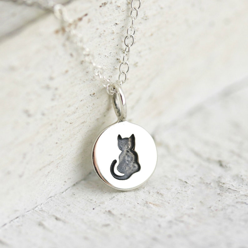 Cat Necklace Tiny Sterling Silver Etched Kitty Necklace Cat Lovers Jewelry Kitty Lovers Necklace Small Sitting Cat Charm Pet Necklace image 1