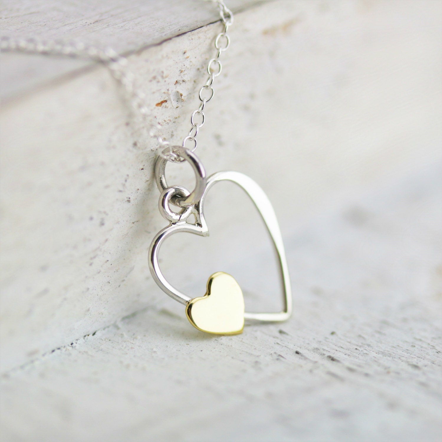 Heart Necklace Sterling Silver Open Heart With Bronze Heart Pendant  Anniversary Gift Wedding Jewelry Valentine\'s Day Present - Etsy