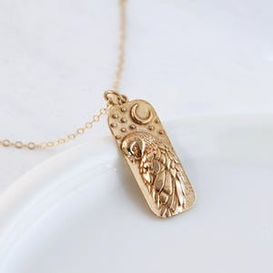 Gold Owl Necklace, 3D Barn Owl Pendant with Moon and Stars, Bird Charm for Wisdom and Insight, Woodland Jewelry, Forest Creature Necklace