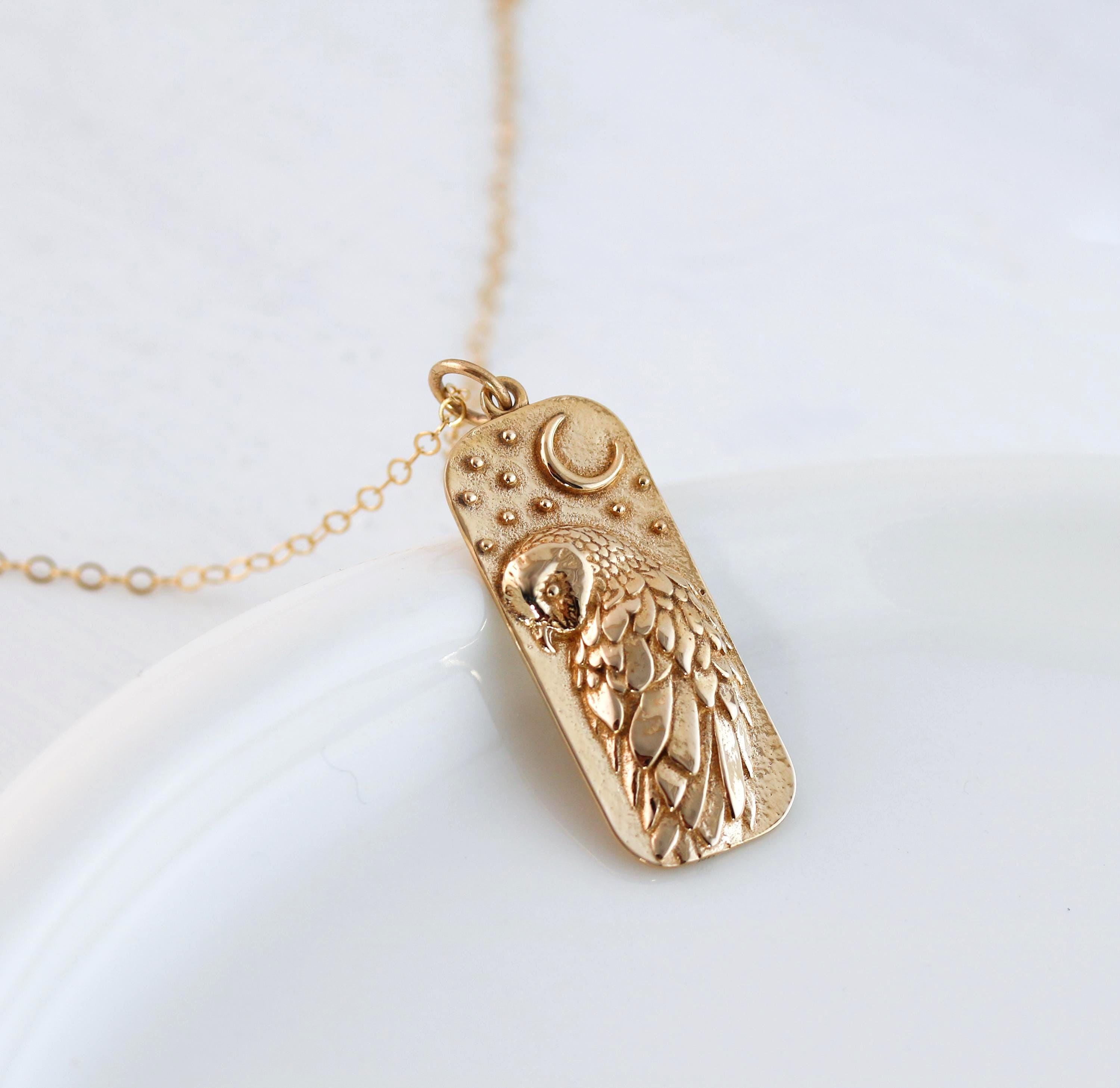 Gold Owl Necklace, 3D Barn Owl Pendant with Moon and Stars, Bird Charm for Wisdom and Insight, Woodl