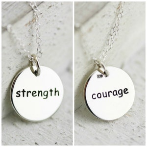 Strength Necklace Courage Necklace Sterling Silver Round Word Strength Courage Necklace Reversible Pendant Affirmation Pendant Inspire image 1