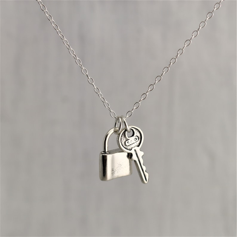 Small Lock and Key Necklace, Sterling Silver Padlock Necklace Love Lock and Key Jewelry Padlock and Key and Lock Necklace Lock and Key Charm image 2