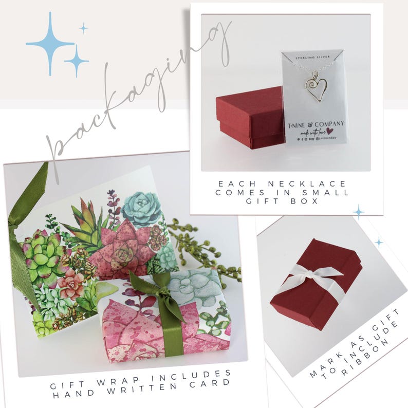 The image is a collage of three photos showcasing different gift packaging options for necklaces and gift boxes.