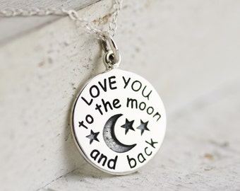 Love You to the Moon and Back Necklace  Sterling Silver Love You to the Moon Pendant  Love You to the Moon Quote  Love Jewelry Love Necklace