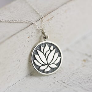 Lotus Necklace - Sterling Silver Etched Lotus Flower Necklace - Elegant Lotus Flower Pendant - Yoga Jewelry - Lotus Jewelry  Flower Necklace