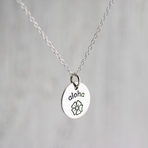 Sterling Silver Aloha Charm Necklace, Hibiscus Flower Pendant, Ladies Beachy Jewelry, Hawaiian Island Word Charm, Tropical Vacation Souvenir